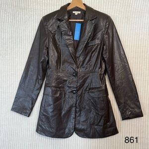 NWT Into Bliss Brown Button Up Leather Jacket Blazer Size S